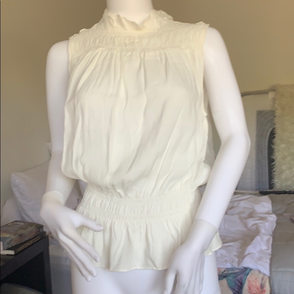 Frame sz sm white silky flounce cinched blouse top
